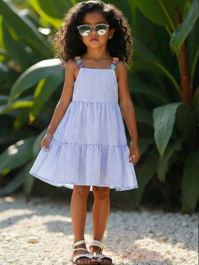 SHEIN Young Girl Light Blue Floral Ribbon Patchwork Striped A-Line Dress, Suitable For Daily Casual Cute And Holiday Occasions Picnic Summer For Kids