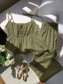 SHEIN EZwear Bộ đồ 2 món màu xanh ô liu dáng rộng dành cho nữ, cỡ lớn. - xanh quân đội - Xem 7