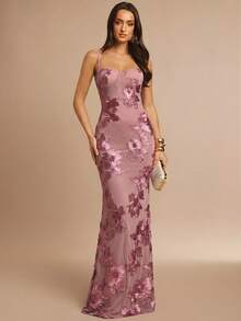 Fitted Strappy Dress With 3D Floral Print - Clear - View 3