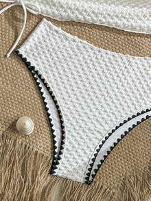 Swim Lushoire Mature Sexy Striped Special Fabric Long Pants Swimwear Top And High-Waisted Bikini Bottom 2 Pieces Set - White - View 4