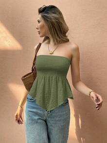 Top bandeau de diseño fruncido de unicolor con bajo asimétrico de moda para vacaciones de mujer - Verde Oliva - Ver 3