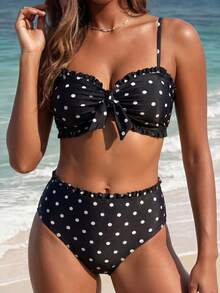 Swim Lushoire Ensemble de bikini à la mode et sexy pour femmes avec imprimé à pois, style influenceur vacances, printemps/été - Noir - Voir 6