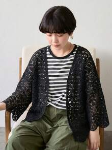 FRIFUL 女士休闲纯色镂空针织黑色开衫度假邮轮 - 黑色 - 查看 4