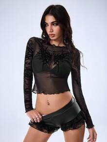 Shutterstock Y2Kool Black Semi-Sheer Sexy Flocked Pattern Mesh Thorn Cross Y2K Street Style Dark Casual Women's Mesh Top, Suitable For Spring/Summer Parties, Vacations, Holidays, Island Music Festivals, EDM Festivals, Daily Wear - Black - View 3