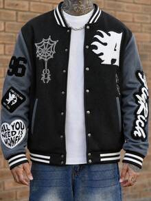 Devon Thys Men's Casual Contrast Color Letter Flocked Patchwork Striped Edge Baseball Long Sleeve Jacket, Autumn Men Streetwear Zip Up Custom Jacket Letterman Jacket Men Varsity Jacket - Dark Grey - View 3