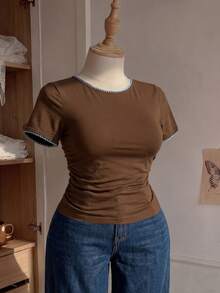 Comfortcana Plus Size Waist Ruched Elastic T-Shirt - Brown - View 7