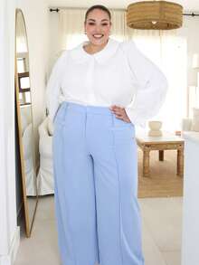Pretty and Ole Plus Size Solid Color Front Button Pocket Casual Long Pants, Everyday Wear - Baby Blue - View 6