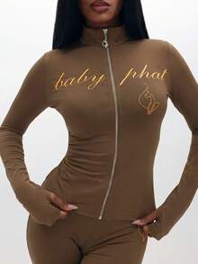 BABYPHAT Long Sleeve Zip-Up Top With Script Logo And Cat Icon Front Print - Chocolate Brown - View 5