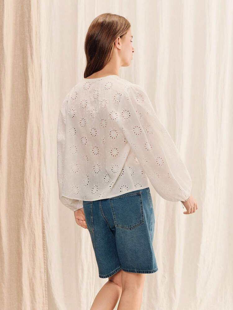 White Oversized V Neck Broidery Anglaise Blouse With Batwing Sleeves Boho Spring Summer Holiday Top Cotton Casual Top White Cotton Top Cute Summer Top Flower Embroidered Top