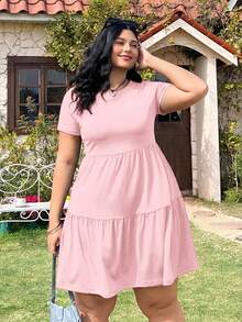 Solflare Black Short Sleeve Loose Fit Plus Size T-Shirt Dress, Spring Summer Clothes - Dusty Pink - View 3