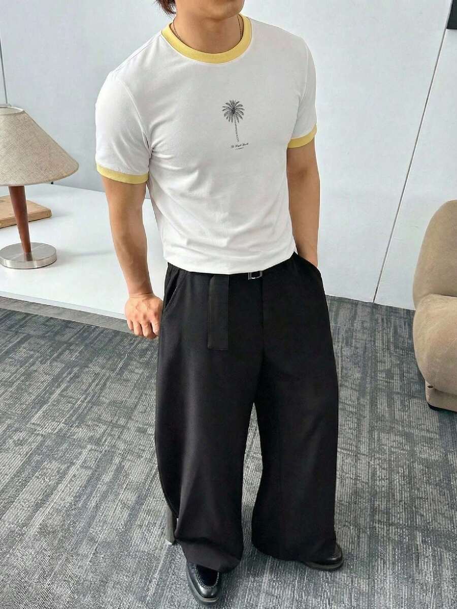 ESTAVOR 男士休闲宽松短袖T恤,黄色撞色印花 - 白色 - 查看 1