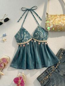 Flirla Trang phục thường ngày, dự tiệc mùa xuân/hè dành cho nữ, họa tiết Paisley phong cách Bohemian, trang trí tua rua vỏ sò, dây áo mảnh thắt nơ. - Màu xanh lá cây đậm - Xem 4