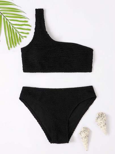 SHEIN Bộ bikini một vai màu trơn vân nổi cho bé gái tuổi teen, đồ bơi đi biển mùa hè cho thanh thiếu niên, áo tắm cho bé gái tuổi teen, bộ đồ bơi hai mảnh cho nữ, bộ đồ bơi 2 mảnh, đồ bơi một mảnh cho thanh thiếu niên