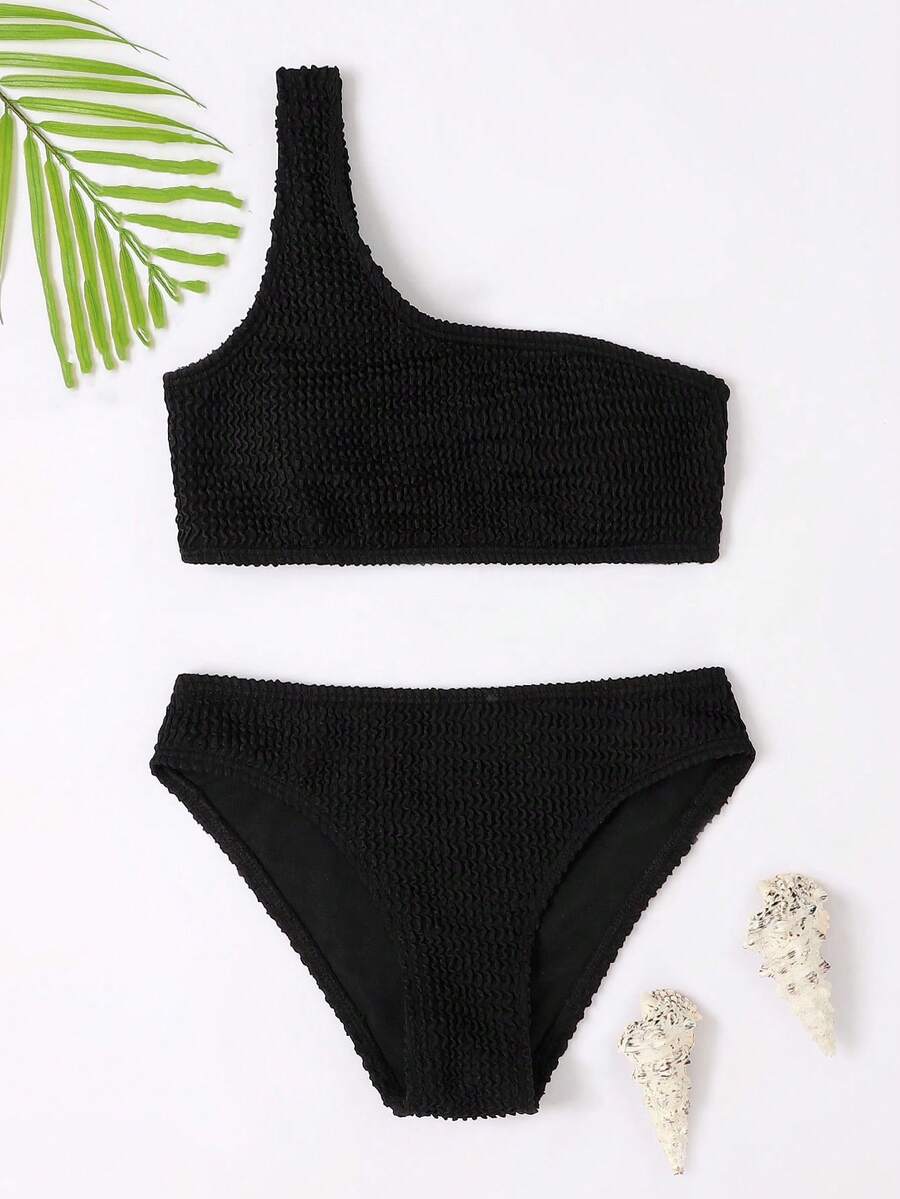 SHEIN Tween Girls' Solid Color Textured One Shoulder Bikini Set,Black Summer Modest Beach Holiday Holiday 2 Pieces Bathing Suit Swim Suits - Black - View 1