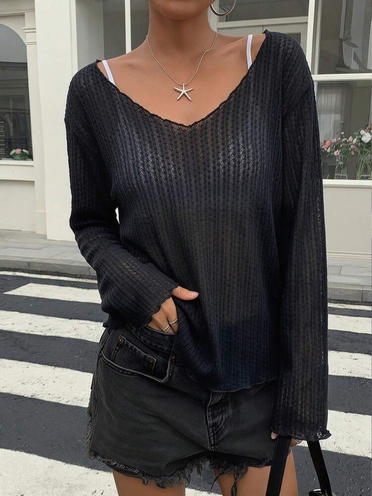 Women's Loose Fit Deep V-Neck Long Sleeve Sheer Casual Top, Urban Street Style T-Shirt For Summer