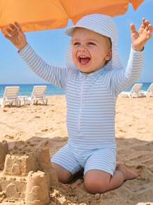 Baby Boy Striped Printed Zipper Long Sleeve Swimwear With Cap - Multicolor - View 1