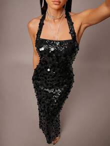 Silquee Sequin Strap Elegant Party Dress - Black - View 3