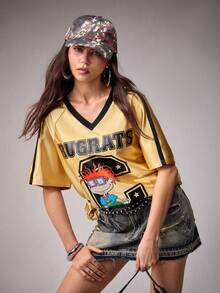 Nick 90s | SHEIN Women's V-Neck Raglan Short Sleeve Streetwear Country T-Shirt 90s Rave Concert Gold Summer - Light Yellow - View 5