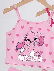 [Random 1Set ] Girls Toddler Summer 2-Piece Set,Pink,Fairy,Family Matching,Holiday,Rabbit & Heart Print Camisole & Ruffle Trim Shorts - Multicolor - View 4