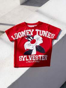 LOONEY TUNES X SHEIN Áo thun in chữ hoạt hình phong cách thường ngày cho bé trai, thích hợp mặc mùa hè. - Đỏ - Xem 1