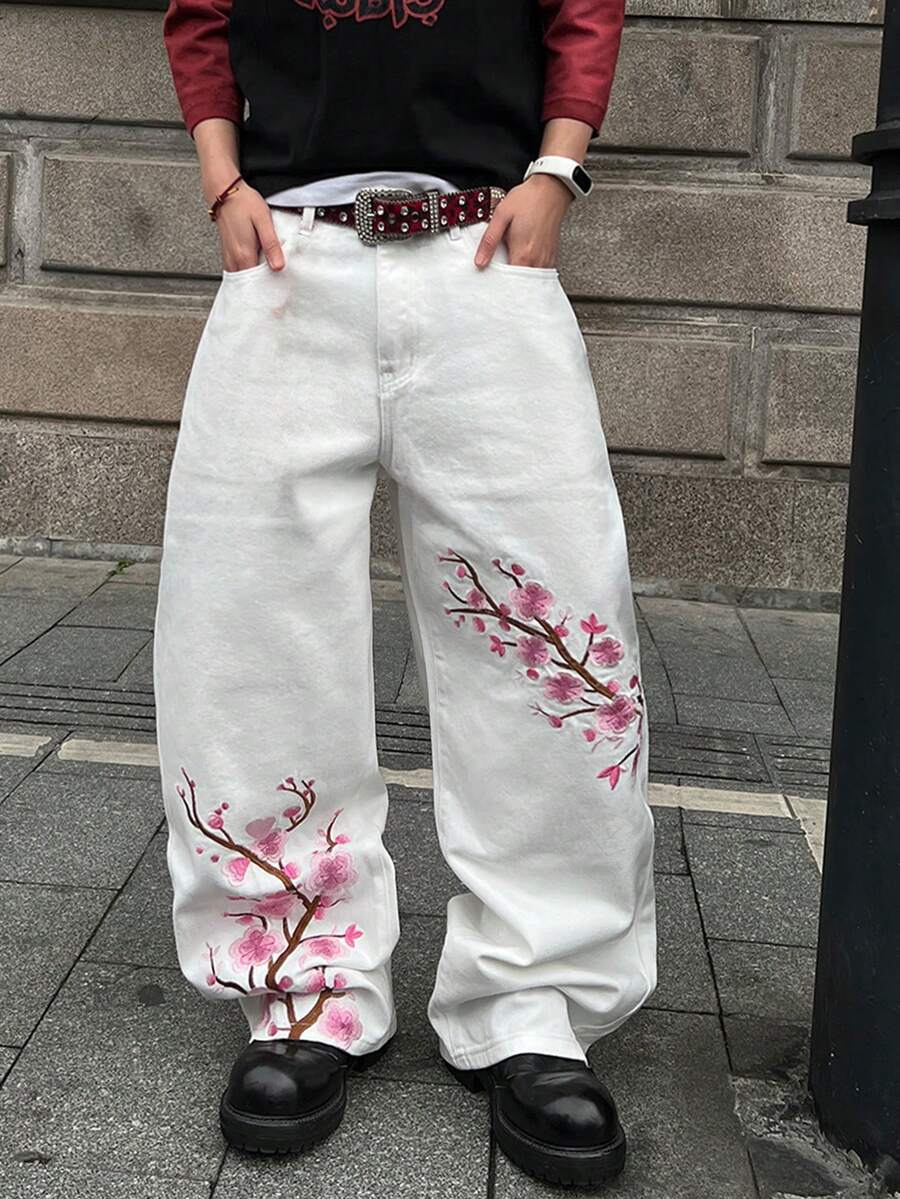 Manfinity Hypemode 男士休闲宽松版型花卉刺绣铆钉设计阔腿牛仔裤,街头时尚,日常穿着 - 白色 - 查看 1