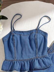 Comfortcana Setelan 2 Potong Atasan Tank Top dan Celana Panjang Musim Panas Warna Polos Ukuran Plus dengan Tali Bahu Tipis dan Hiasan Ruffle di Bagian Bawah - Medium Wash - View 7