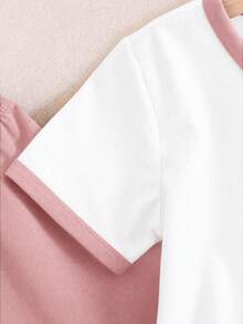 SHEIN 2件組 青少年女孩對比色V領短袖上衣與休閒長褲套裝 - 粉色 - 查看 5