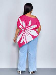 SOLERSUN Women's Plus Size Elegant Pink Floral Summer Blouse, Loose One-Shoulder Asymmetrical Hem Slanted Collar Drawstring Tie-Waist Casual Fashion Top - Hot Pink - View 2