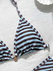 SHEIN Bộ bikini hai dây kẻ sọc nhiều màu sắc dành cho thiếu nữ, thích hợp cho kỳ nghỉ hè ở bãi biển. - Nhiều màu - Xem 4