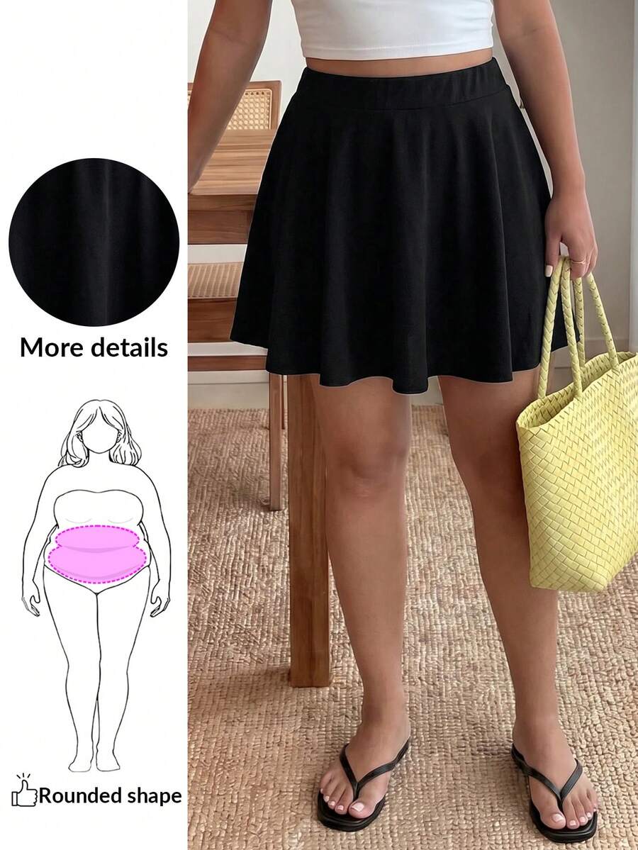 Enliva Jennifer_samantha_style Plus Size Ruched Casual Elastic Waist Solid Skirt, For Apple Rounded Body Shape - Black - View 1