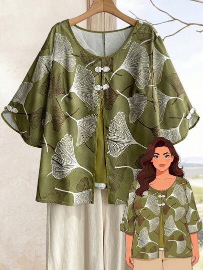 Rusticease Blusa elegante con estampado integral, talla grande, primavera/verano