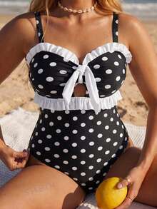 Swim Mod 2026 New Spring/Summer Plus Size Women's Black White Polka Dot Ruffle Trim Cute Swimsuit Suitable For Beach Party Sexy - Black and White - View 3