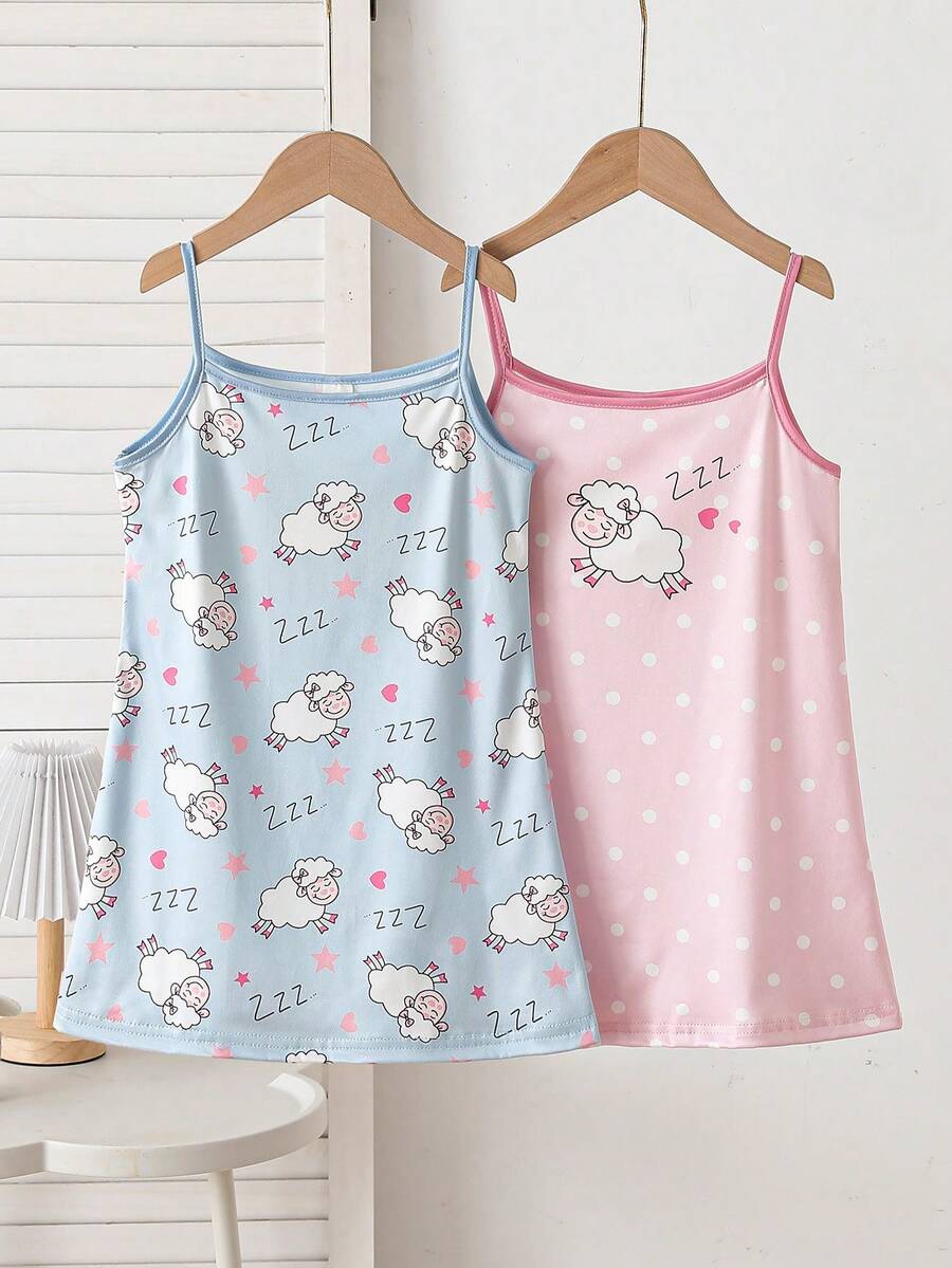 Young Girls' White & Pink Cute Rabbit Print Knit Camisole Dress 2 Pieces Pajama Set - Multicolor - View 1