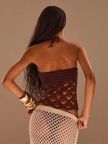 Opulessa Handmade Hollow Out Knitted Halter Neck Top - Brown - View 2