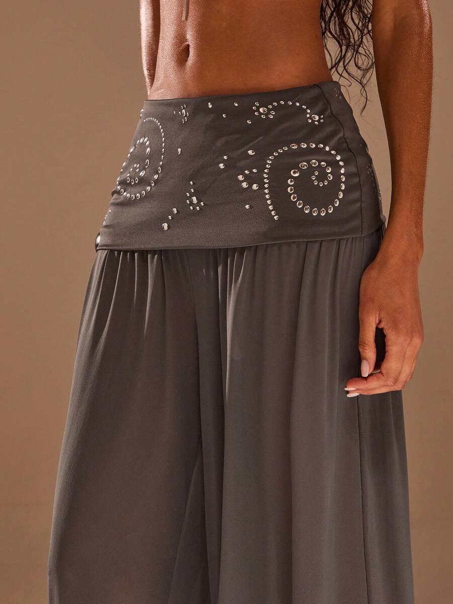 Opulessa Pantalones de tobillo con diseño de remaches y cintura ceñida para mujer - Gris Oscuro - Ver 1