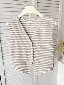 SHEIN Áo tank top không tay cổ chữ V cài cúc phía trước, họa tiết kẻ sọc dành cho bé gái tuổi teen, kiểu áo kẻ sọc, thích hợp mặc mùa xuân hè thu, đi làm, thanh lịch, thường ngày, mặc hàng ngày. - Màu Khaki - Xem 5