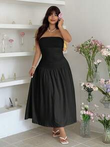 GalTyme Plus Size Summer Minimalist Solid Color Ruched Bandeau Dress - Black - View 6