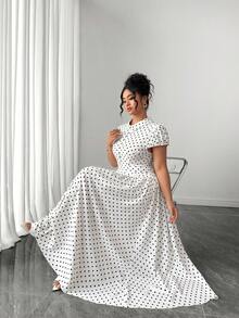 Elenzga Gaun Maxi Wanita Ukuran Besar Motif Putih Berkerah dengan Kancing Depan, Gaun Pesta Teh Liburan Piknik Musim Panas Model A-Line Retro Elegan, Lengan Lentera Berlipit - MultiWarna - View 7