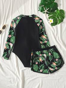 SHEIN 少女热带花卉印花拉链长袖防晒衣和短裤两件套泳装，适合海滩、度假、冲浪 - 黑色 - 查看 2