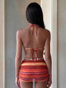 Costavie Bikini de 3 piezas con tapa triangular de cuello halter, estampado de leopardo y sarong con lazos laterales para mujeres - Multicolor - Ver 2