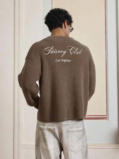 SWAVVY Men's Casual Letter Embroidery Round Neck Ribbed Knit Drop Shoulder Sweater, Autumn/Winter
