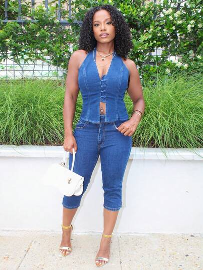 Steph T Áo yếm denim co giãn không tay gợi cảm cho nữ, áo nịt ngực màu xanh, phụ nữ ăn sáng muộn, áo mùa hè dễ thương, áo nịt ngực màu xanh