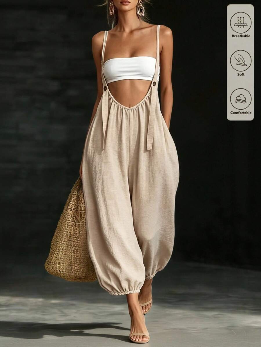 SHEIN Holidaya Bộ áo liền quần kaki mùa hè mới dành cho nữ, trang phục thường ngày đi biển.