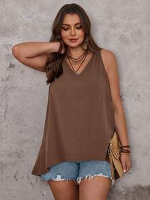 EMERY ROSE Atasan Tank Top Wanita Ukuran Besar dengan Patchwork Renda di Depan, Pendek di Belakang, dan Panjang - Coklat - View 3
