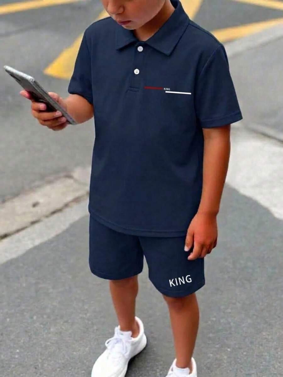 【隨機3件，發貨1件】青少年男孩印花短袖 Polo 衫，海軍藍夏季休閒校園街頭風度假復古波希米亞風