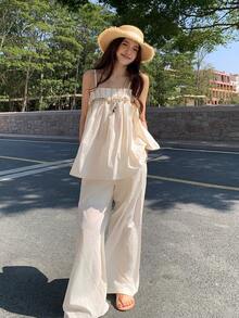 DAZY Bộ đồ nữ kiểu Hàn Quốc gồm áo dài tay và quần dài, bộ đồ mặc nhà mùa hè cho nữ, bộ đồ ngắn cho nữ. - trắng - Xem 4