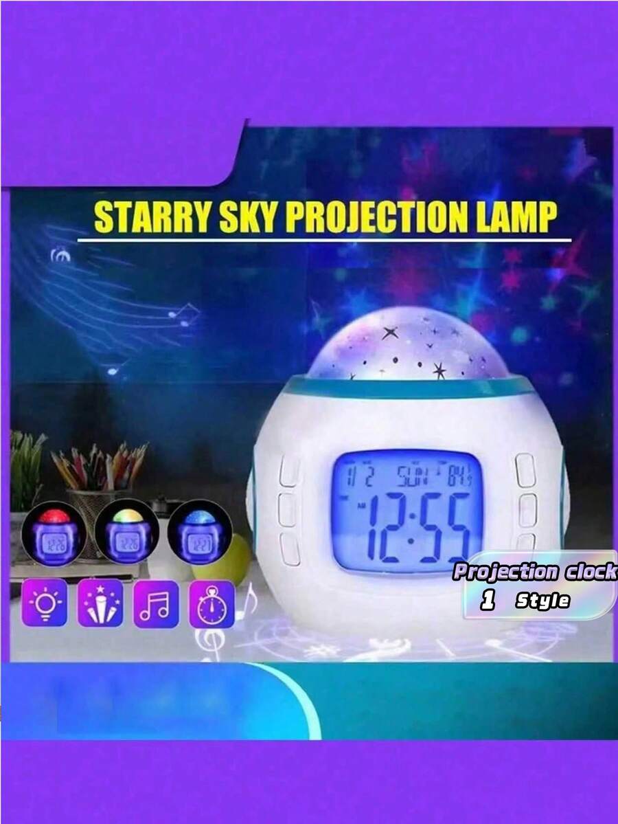 1 buah Jam Proyeksi Langit Berbintang Bercahaya dengan Musik & Kalender, Lampu Warna-warni, Jam Alarm Digital, Indikator Suhu, Dekorasi Rumah, Dekorasi Ruangan - Model baterai - View 1