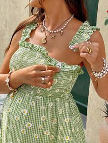 SHEIN Vestido de maternidad con estampado floral a cuadros con función de lactancia, informal para vacaciones y viajes - Verde - Ver 8