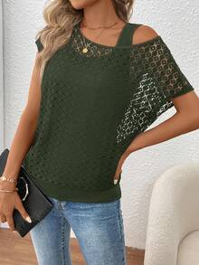 Balvessa Women's Lace Patchwork Asymmetric Shoulder Blouse - Army Green - View 3