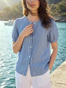 Dayvera Áo cardigan tay ngắn bằng vải lanh viền ren kiểu Pháp lãng mạn - Màu xanh nhạt - Xem 6